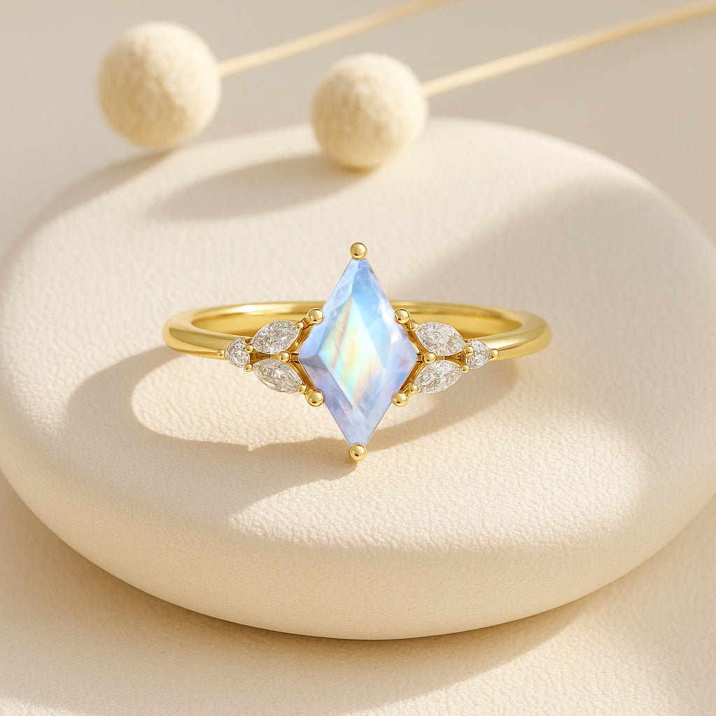 Natural Moonstone Kite Shape Solitaire Ring 8X6MM Faceted Cut