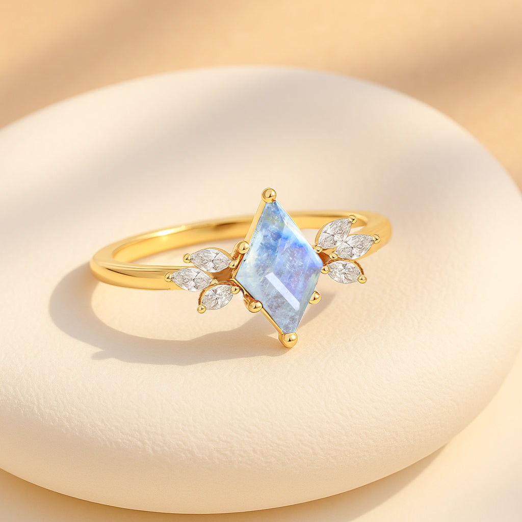 Natural Moonstone Kite Shape Solitaire Ring 8X6MM Faceted Cut