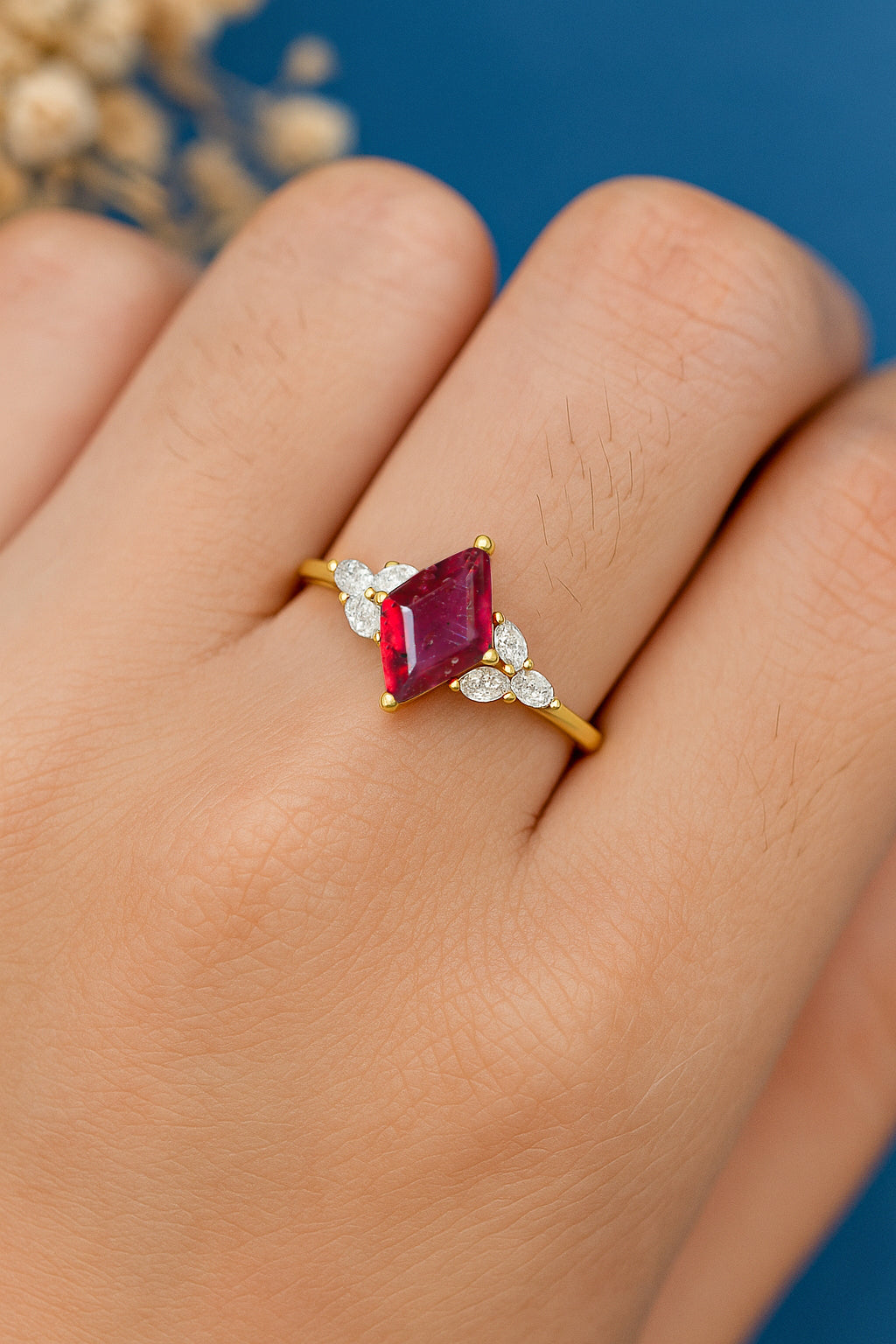 Natural Ruby Kite Shape Solitaire Ring 8X6MM Faceted Cut