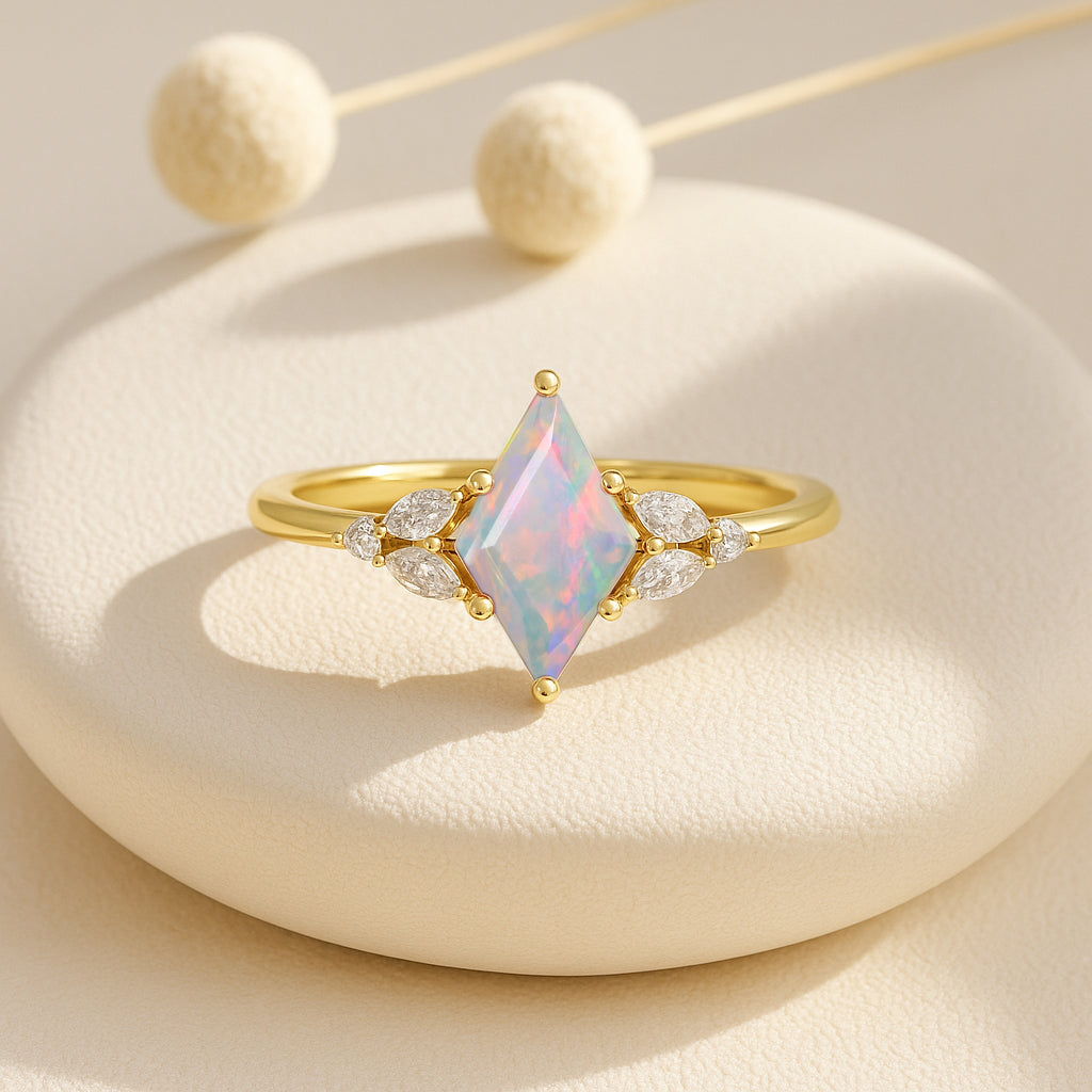 Natural White Opal Kite Shape Solitaire Ring 8X6MM Faceted Cut