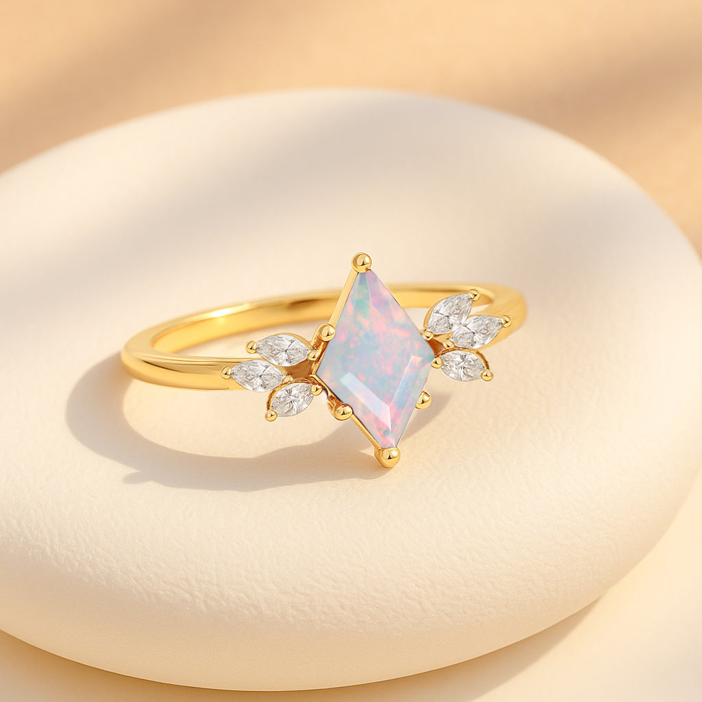 Natural White Opal Kite Shape Solitaire Ring 8X6MM Faceted Cut
