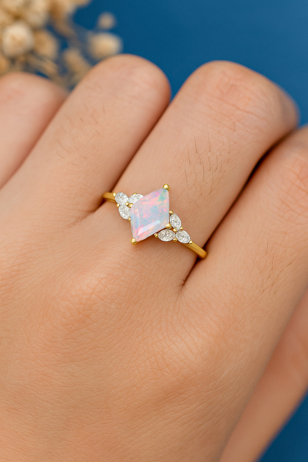 Natural White Opal Kite Shape Solitaire Ring 8X6MM Faceted Cut
