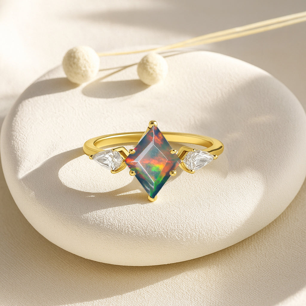 Natural Black Opal Three Stone Ring Wedding, Anniversary, Promise Rings