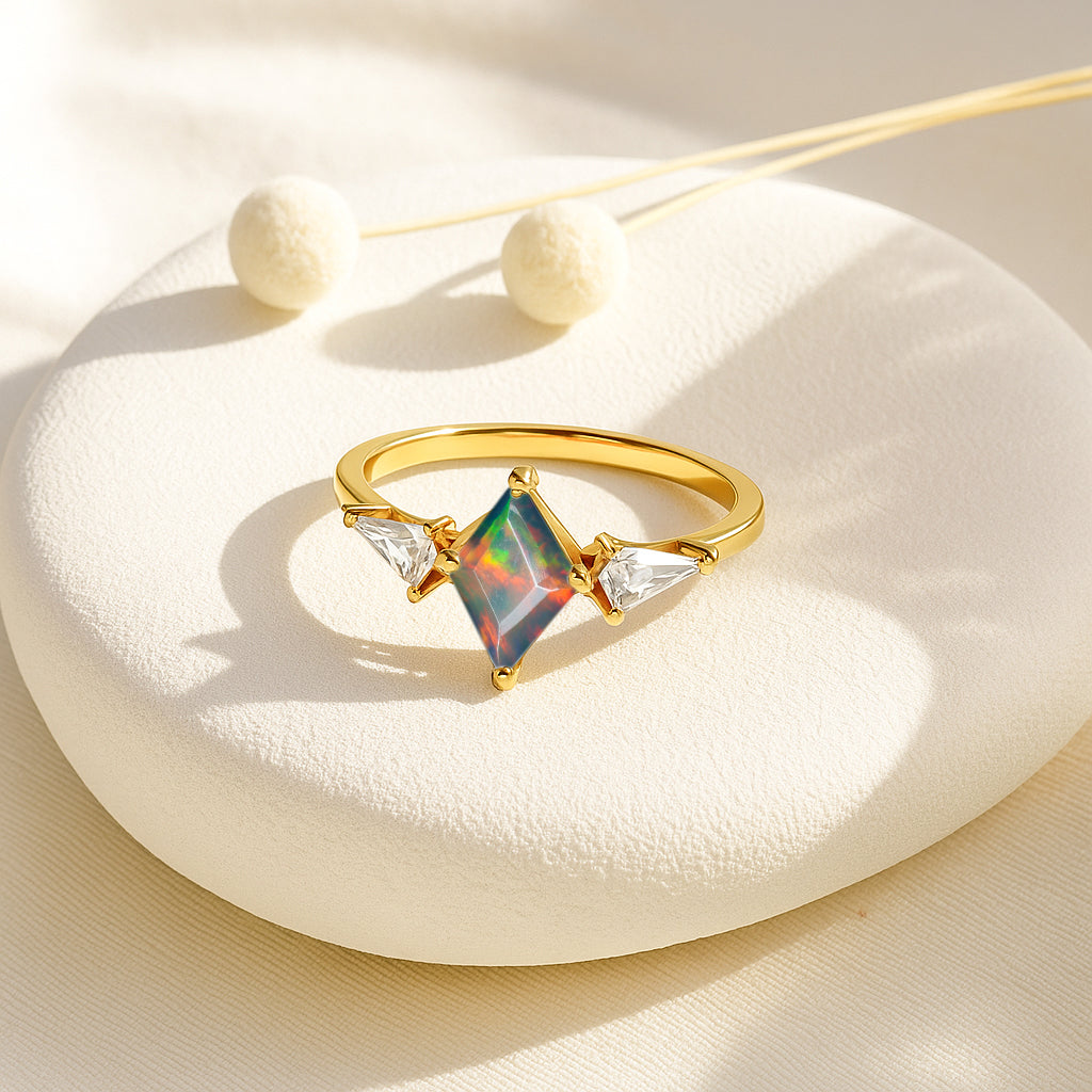 Natural Black Opal Three Stone Ring Wedding, Anniversary, Promise Rings