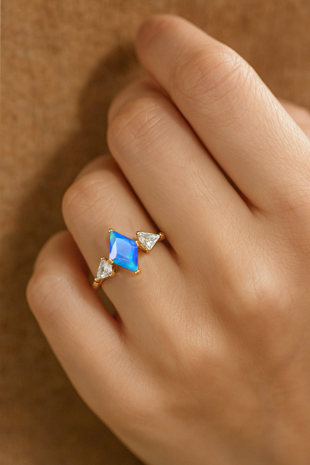 Natural Blue Opal Three Stone Ring Wedding, Anniversary, Promise Rings