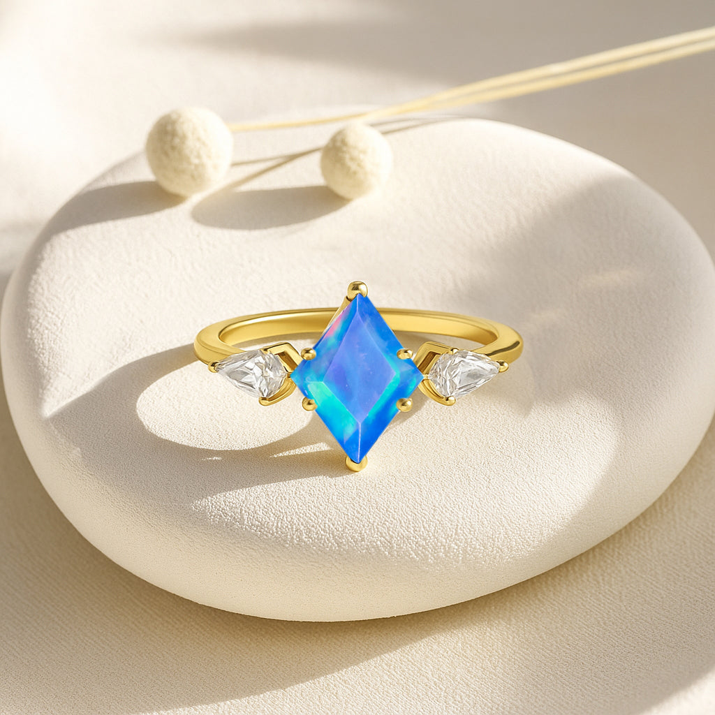 Natural Blue Opal Three Stone Ring Wedding, Anniversary, Promise Rings