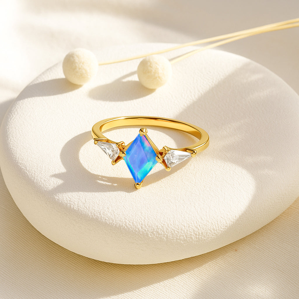 Natural Blue Opal Three Stone Ring Wedding, Anniversary, Promise Rings