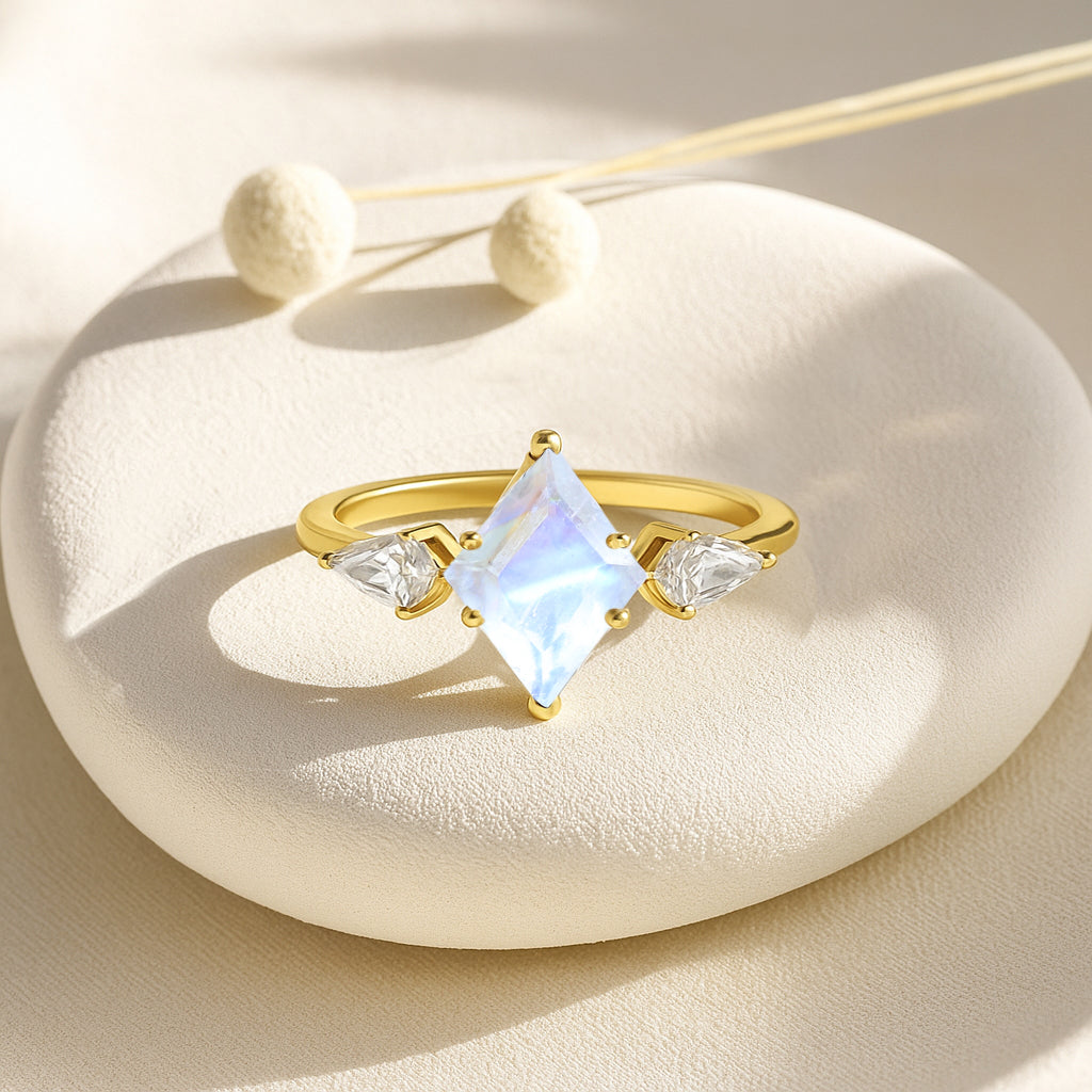Natural Moonstone Three Stone Ring Wedding, Anniversary, Promise Rings