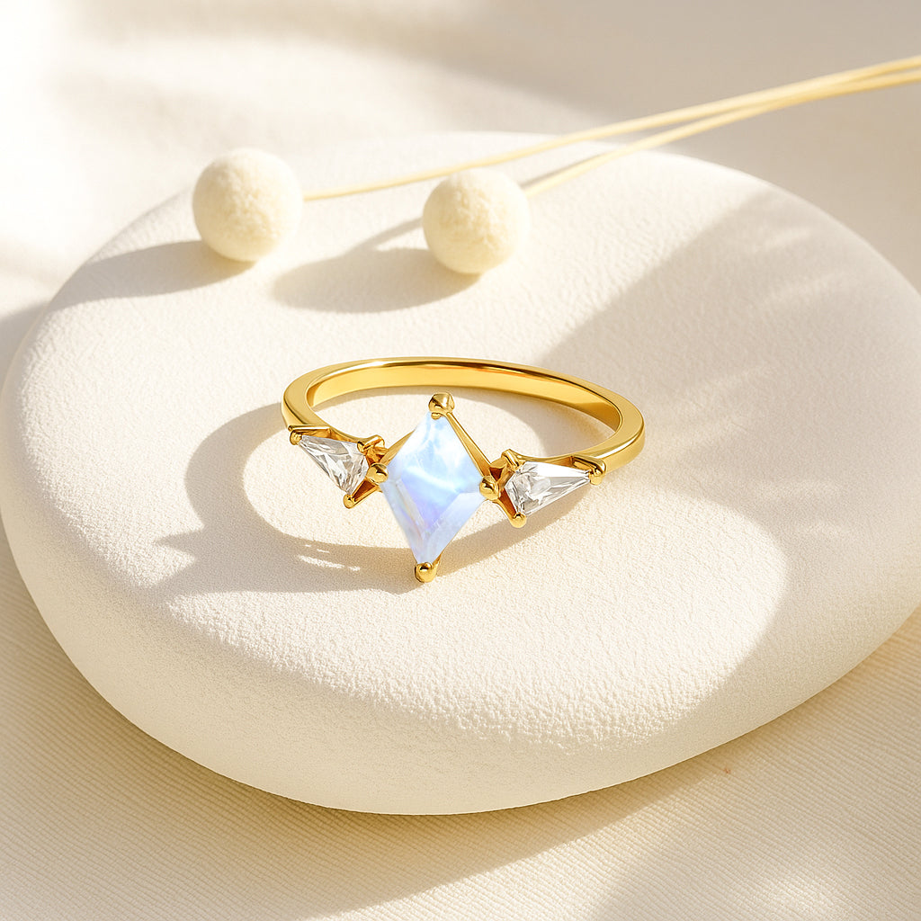 Natural Moonstone Three Stone Ring Wedding, Anniversary, Promise Rings