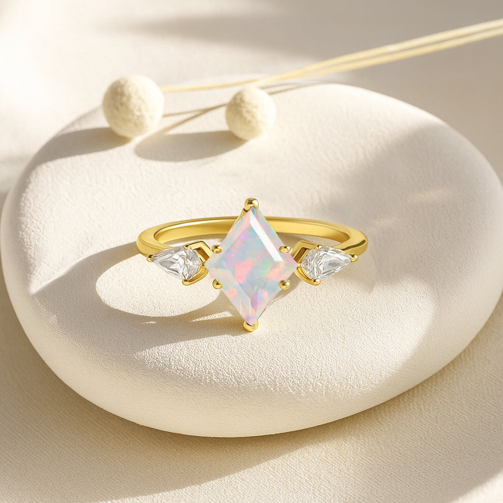 Natural White Opal Three Stone Ring Wedding, Anniversary, Promise Rings