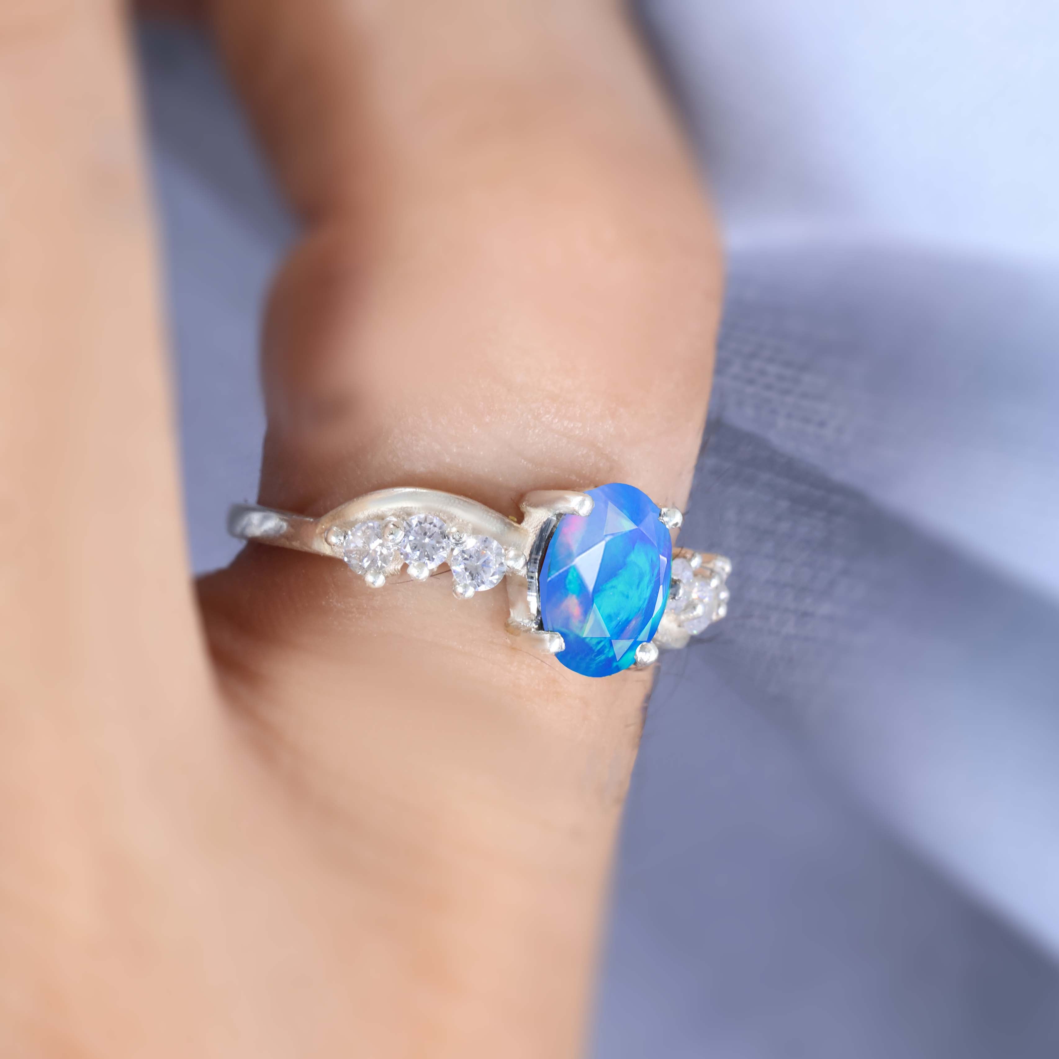 Natural Blue Opal Solitaire with Accents Ring with Gold Filled & Sterling Silver