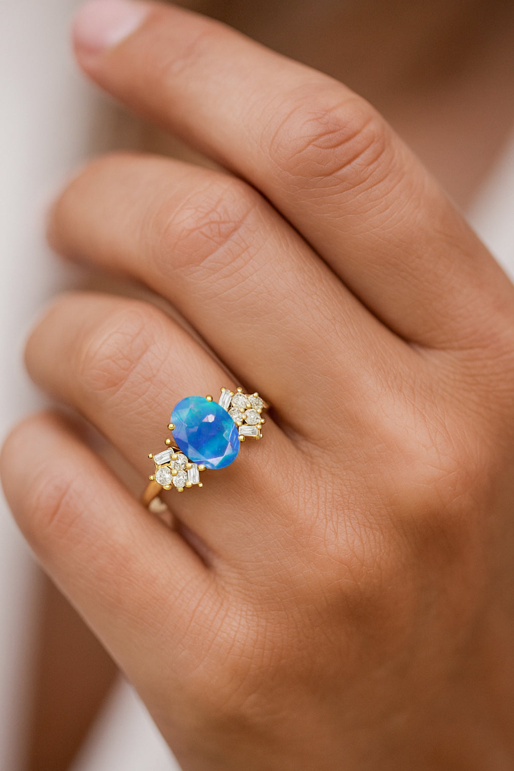 Designer Ring with Central Oval-Cut Natural Blue Opal Gemstone