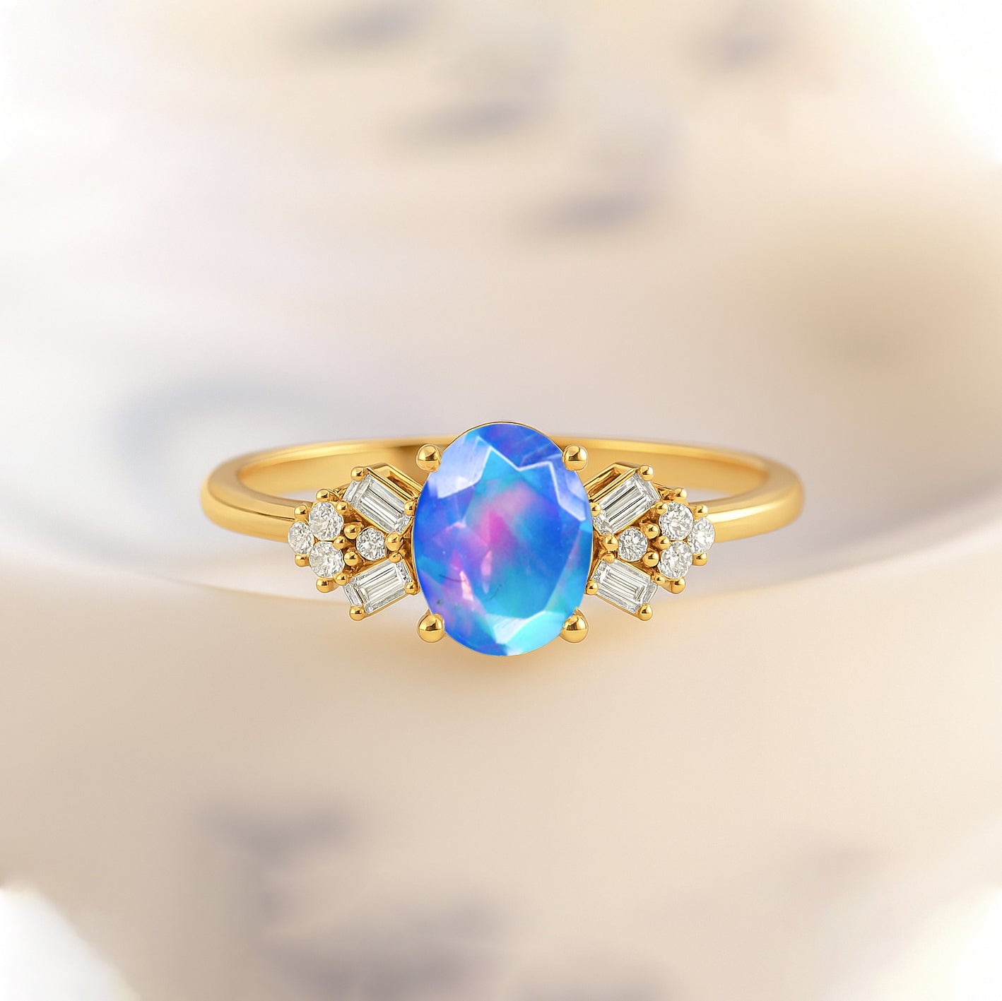 Designer Ring with Central Oval-Cut Natural Blue Opal Gemstone