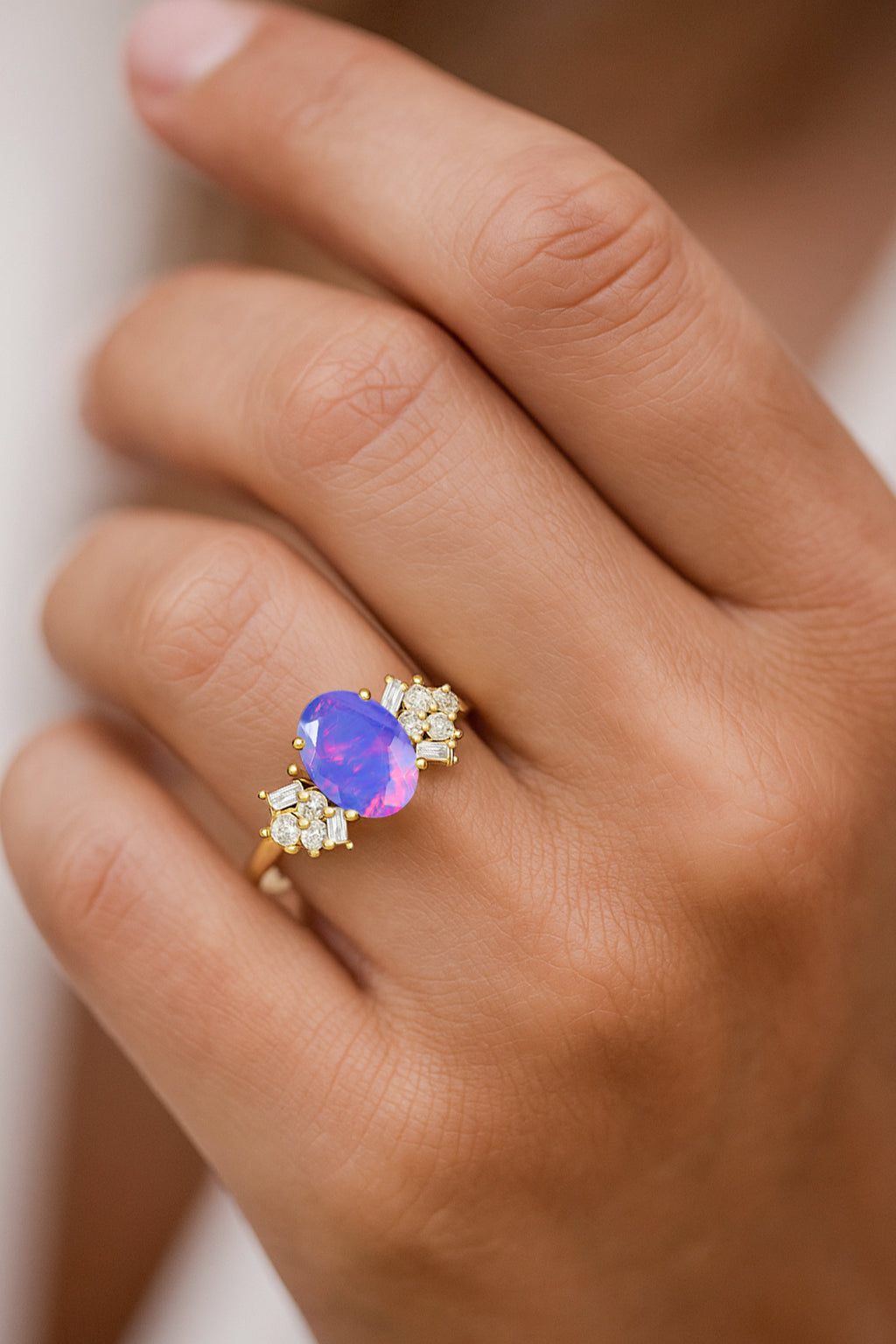 Designer Ring with Central Oval-Cut Natural Lavender Opal Gemstone