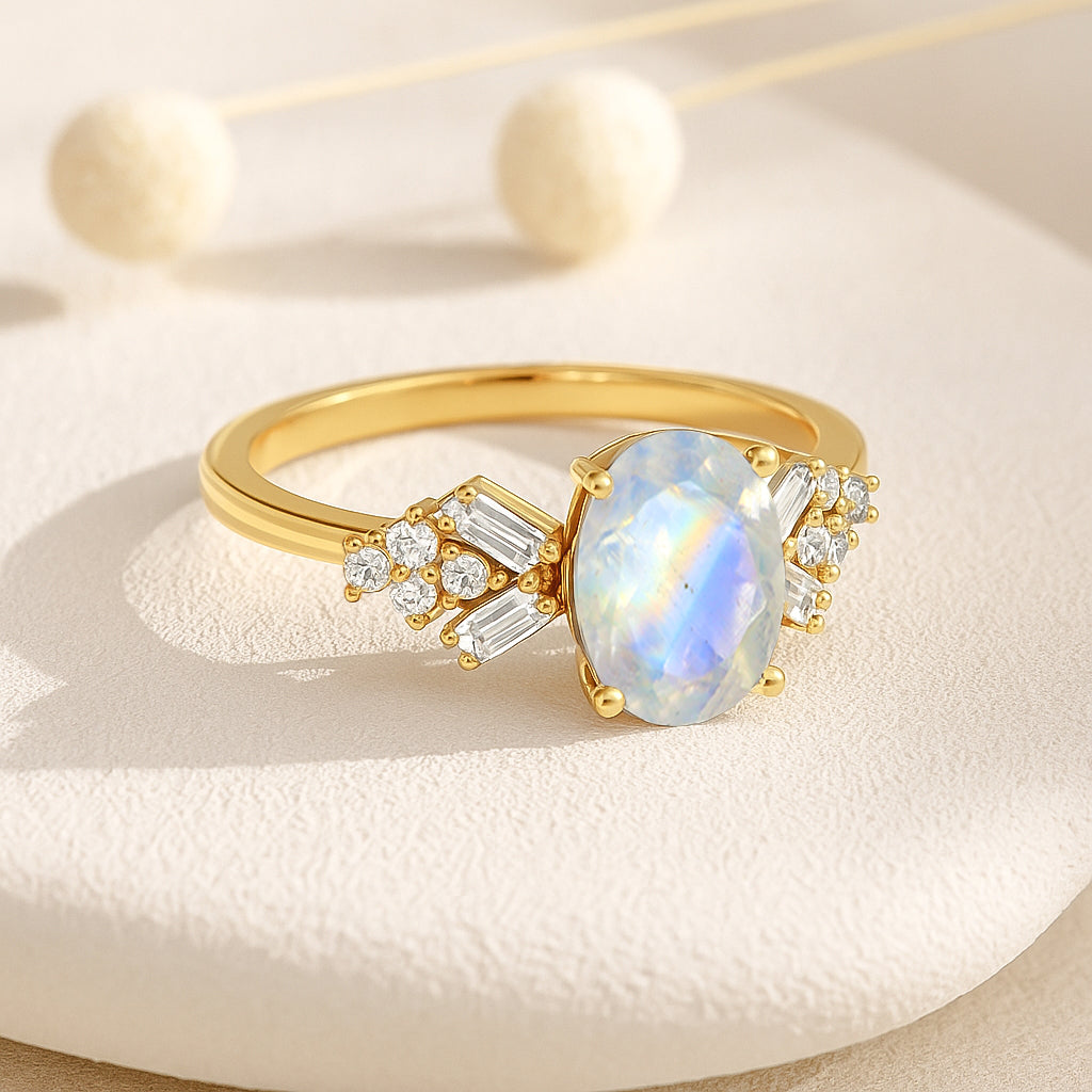 Designer Ring with Central Oval-Cut Natural Moonstone Gemstone