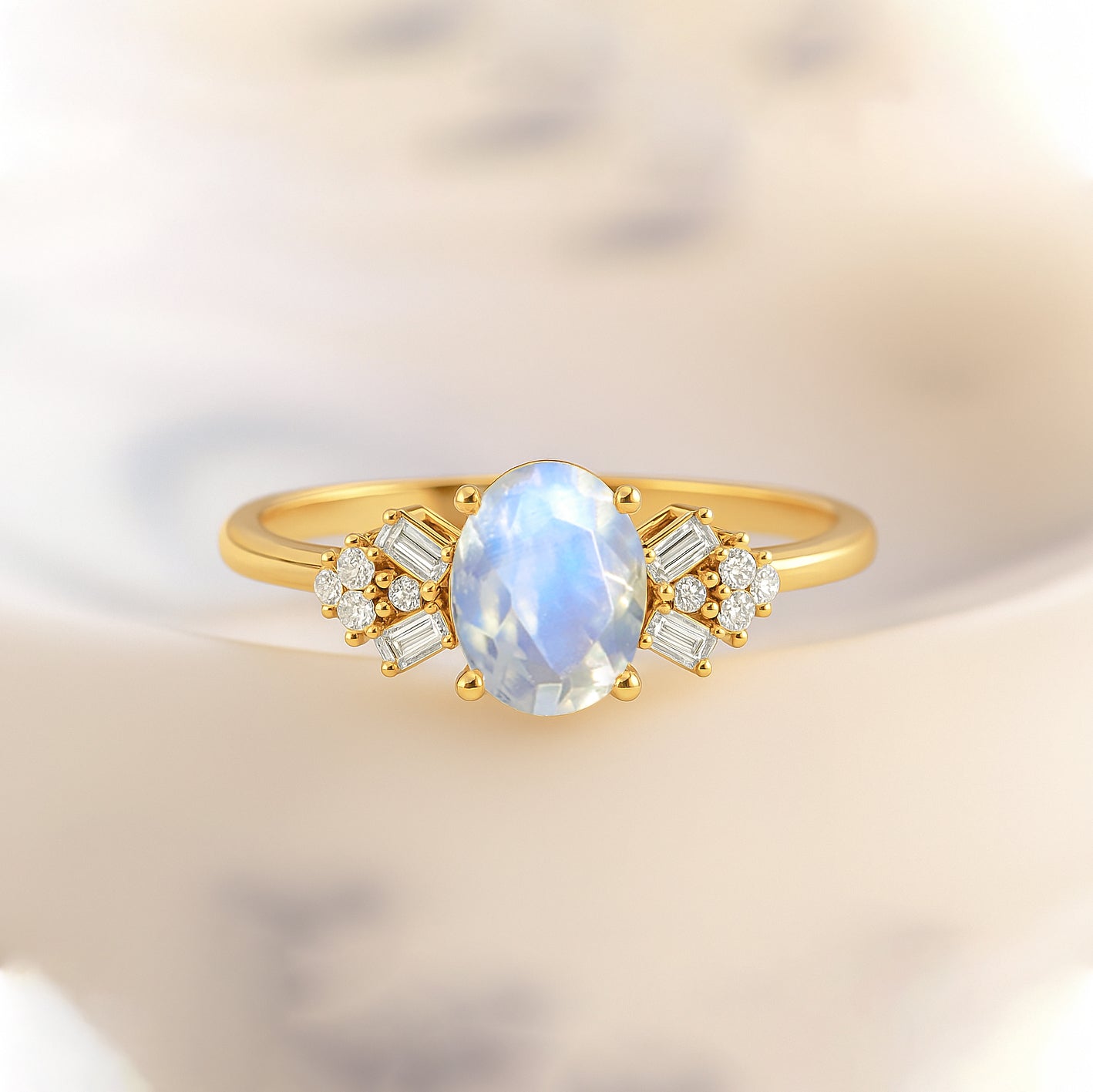 Designer Ring with Central Oval-Cut Natural Moonstone Gemstone