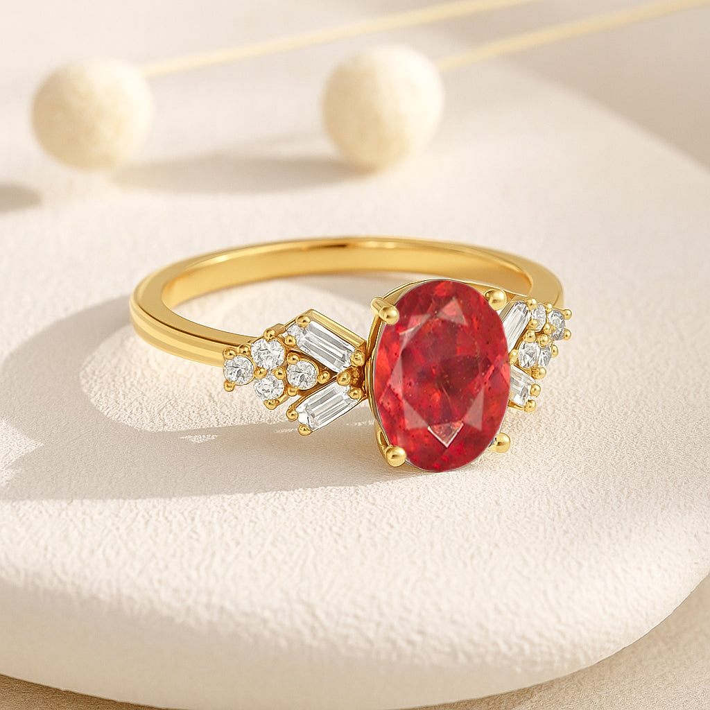 Designer Ring with Central Oval-Cut Natural Ruby Gemstone