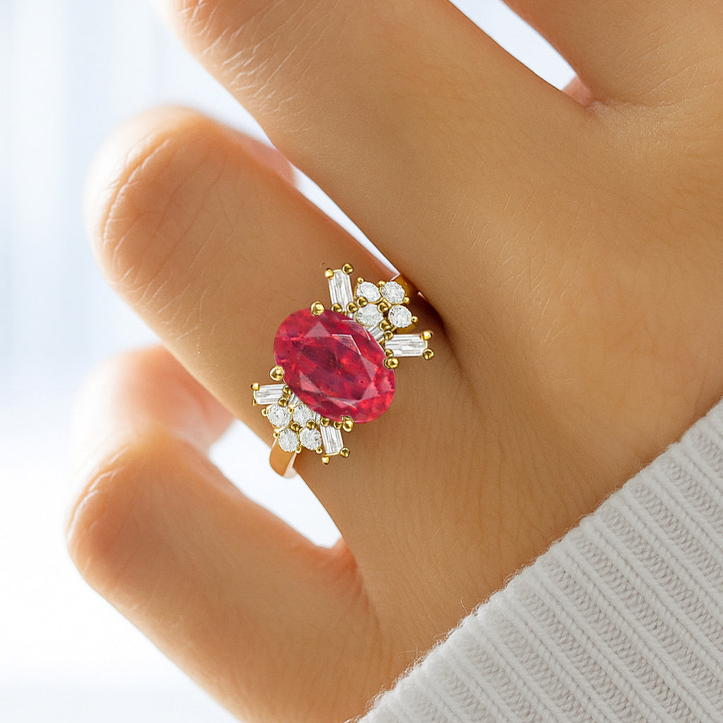 Designer Ring with Central Oval-Cut Natural Ruby Gemstone