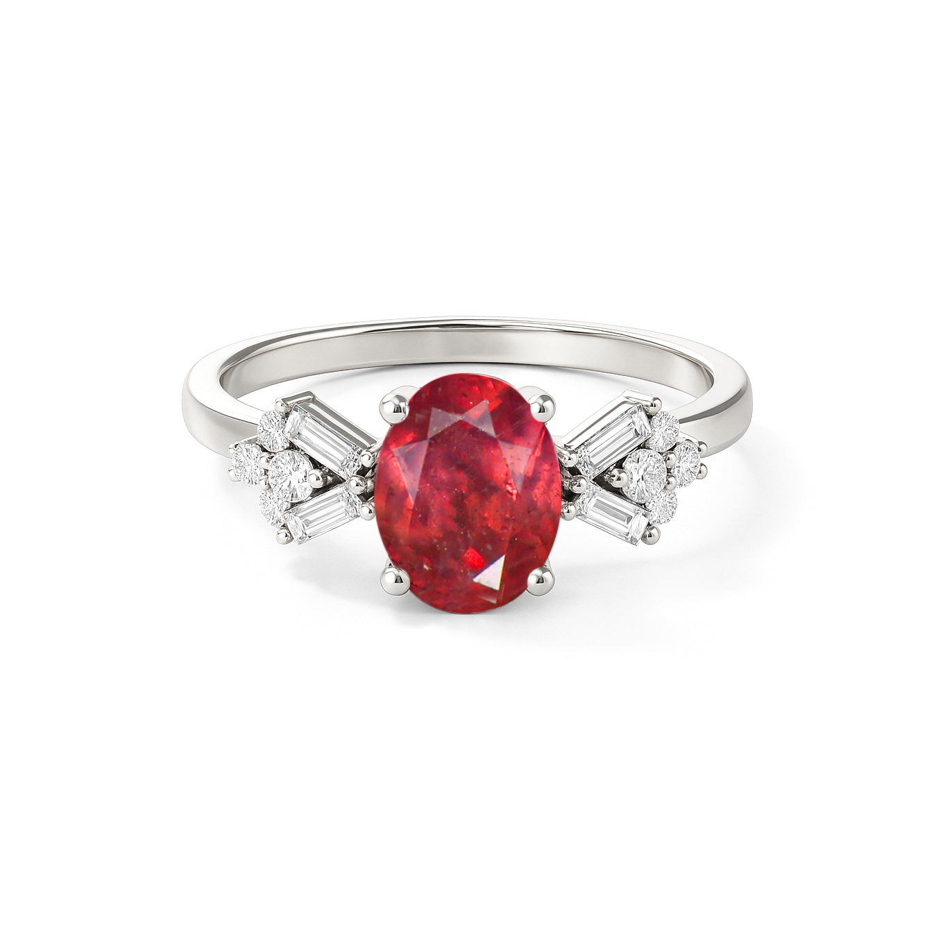 Designer Ring with Central Oval-Cut Natural Ruby Gemstone