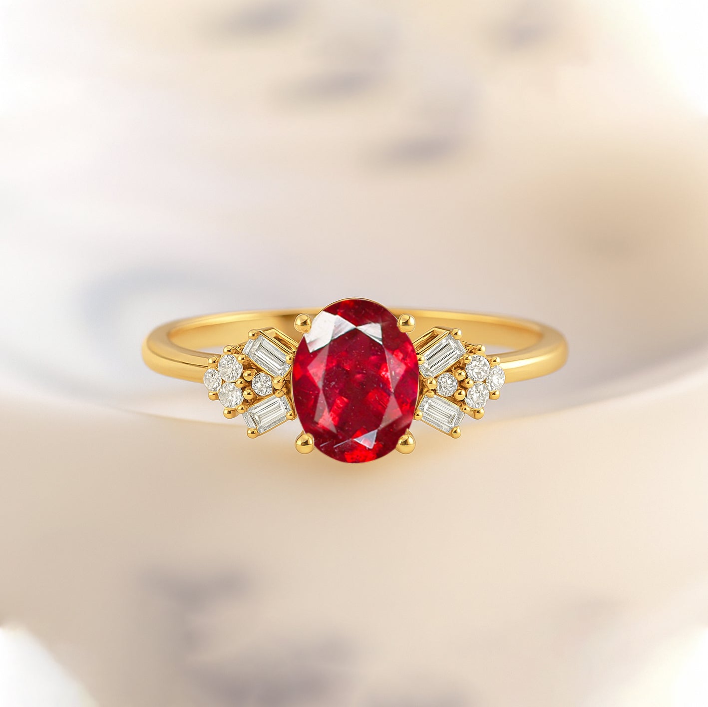 Designer Ring with Central Oval-Cut Natural Ruby Gemstone