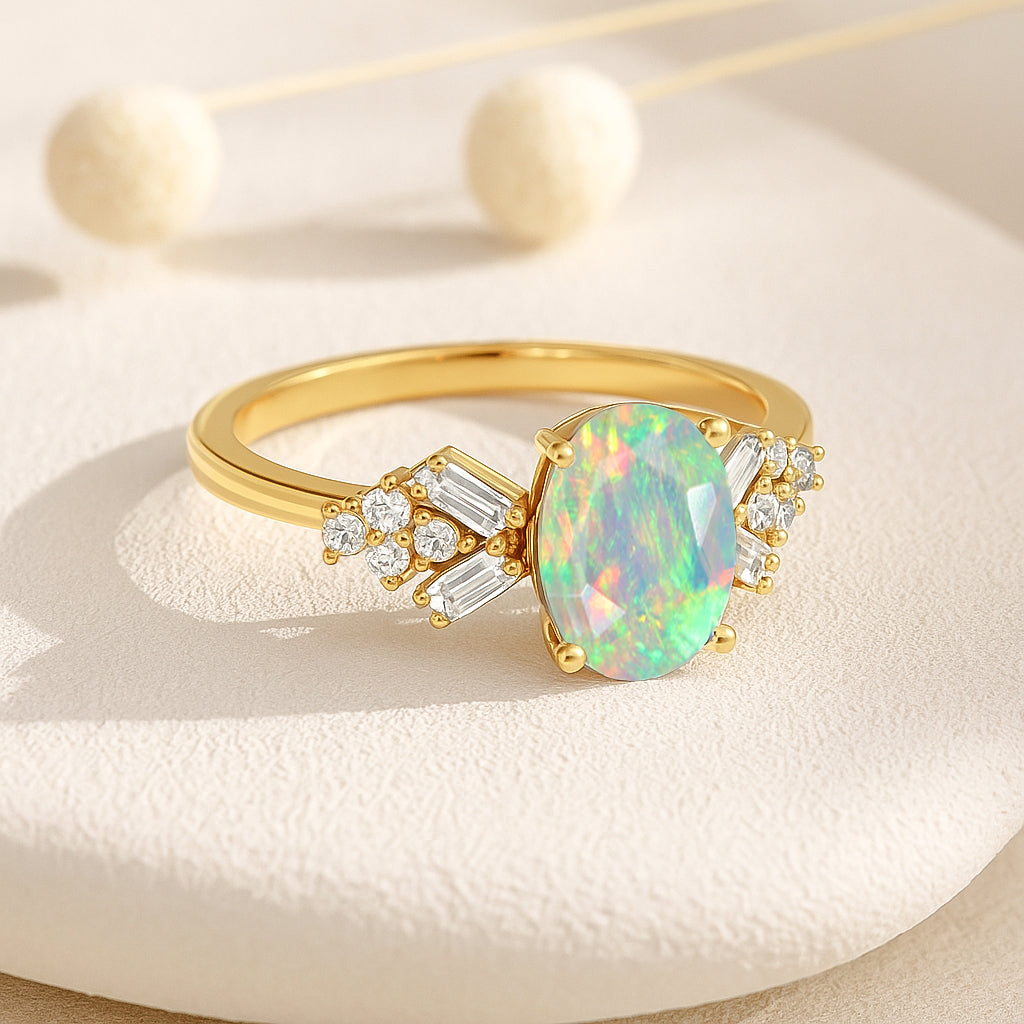 Designer Ring with Central Oval-Cut Natural White Opal Gemstone