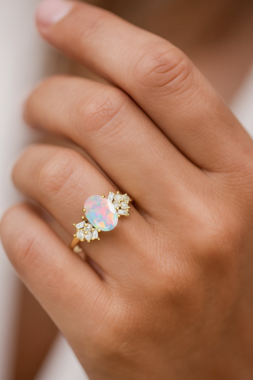 Designer Ring with Central Oval-Cut Natural White Opal Gemstone