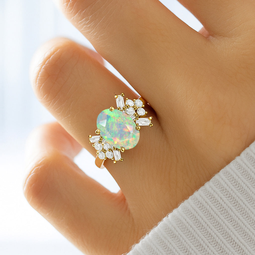 Designer Ring with Central Oval-Cut Natural White Opal Gemstone
