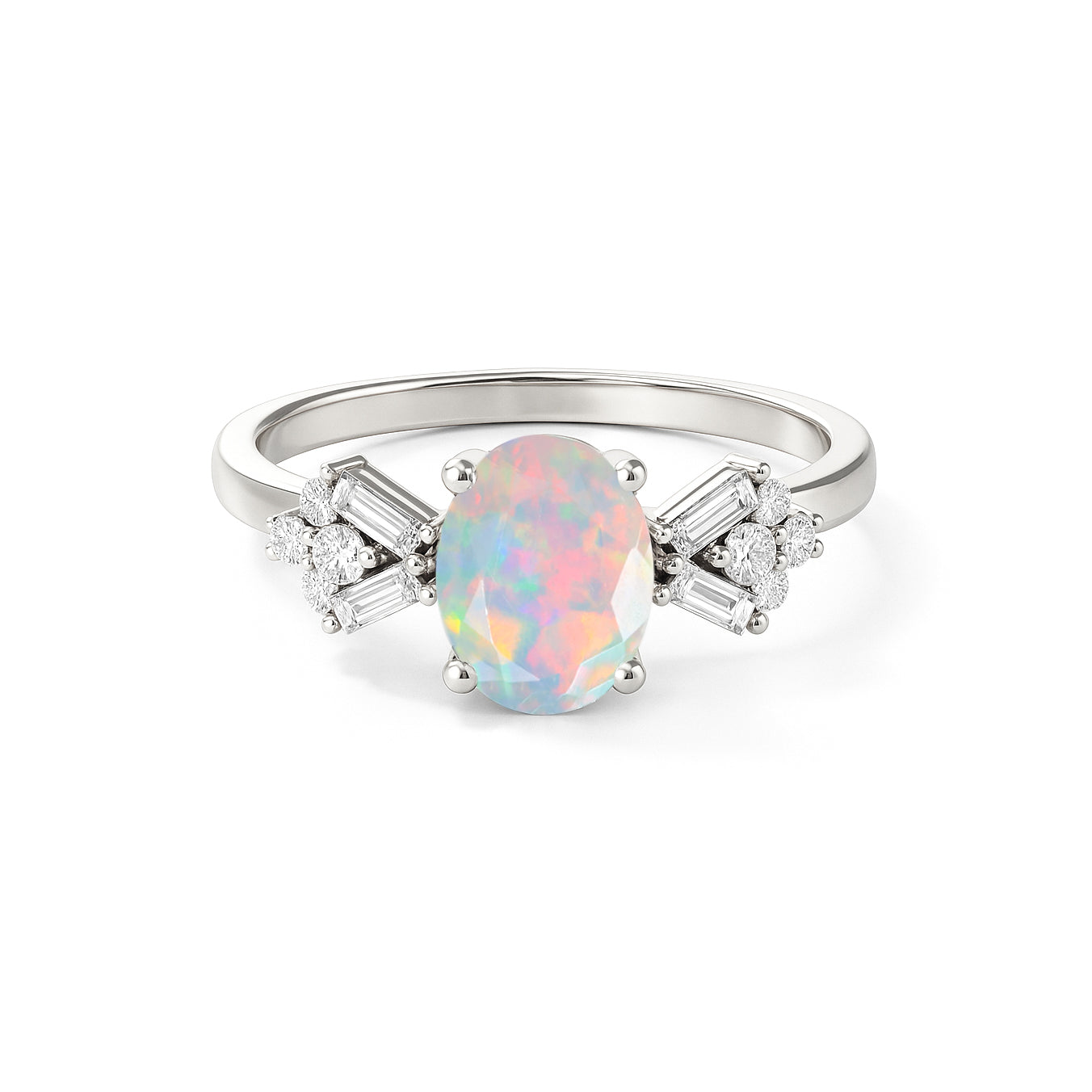 Designer Ring with Central Oval-Cut Natural White Opal Gemstone