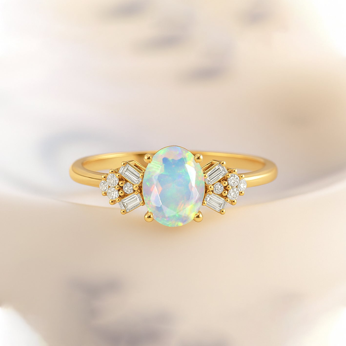 Designer Ring with Central Oval-Cut Natural White Opal Gemstone