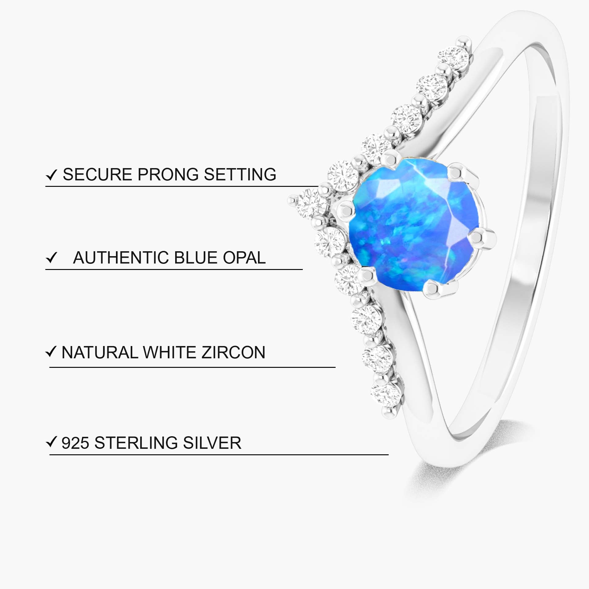 Natural Blue Opal and White Zircon Sparkling Wishbone Ring