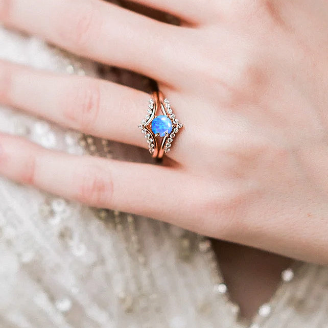 Natural Blue Opal and White Zircon Sparkling Wishbone Ring