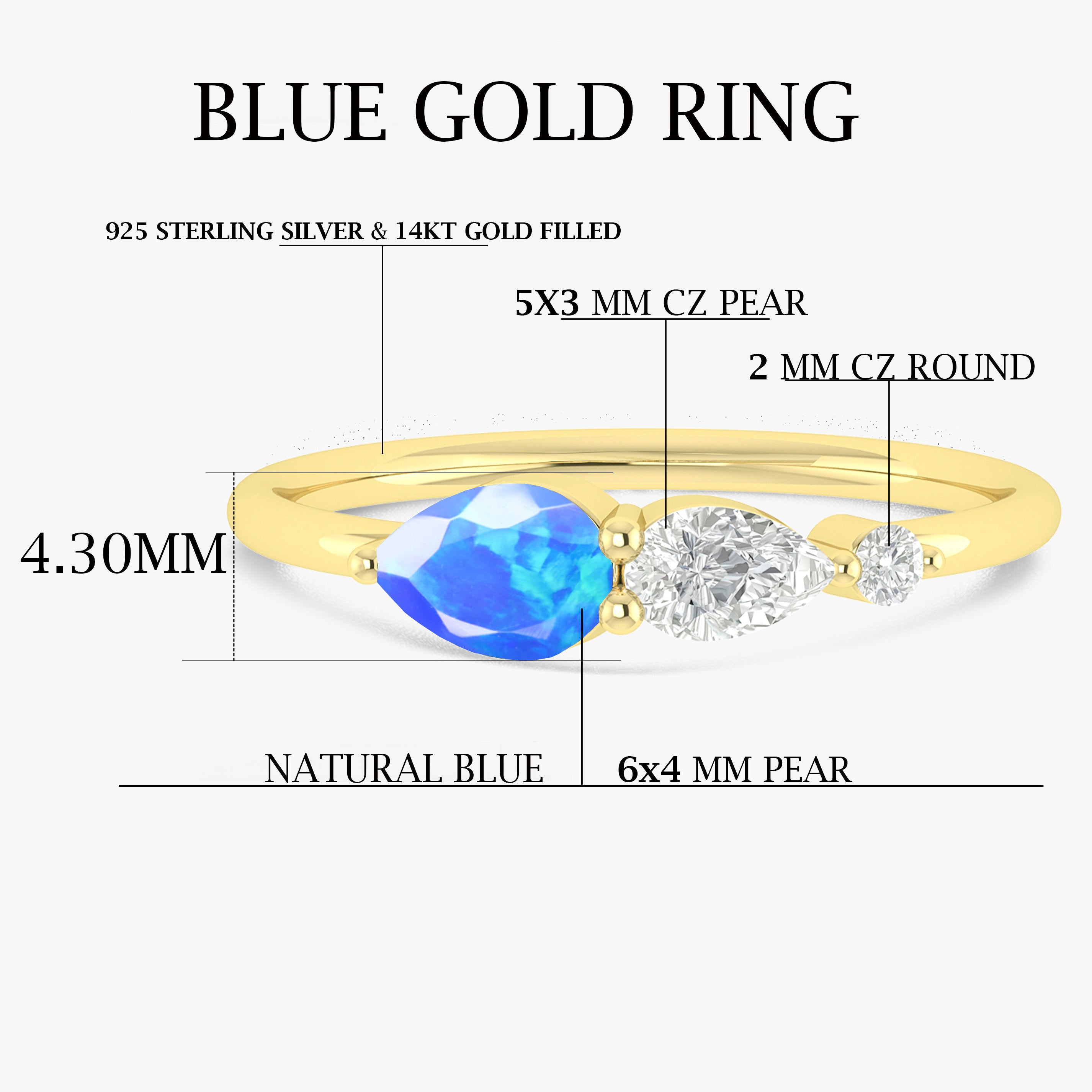 Blue Fire Opal Pear Three Stone Ring