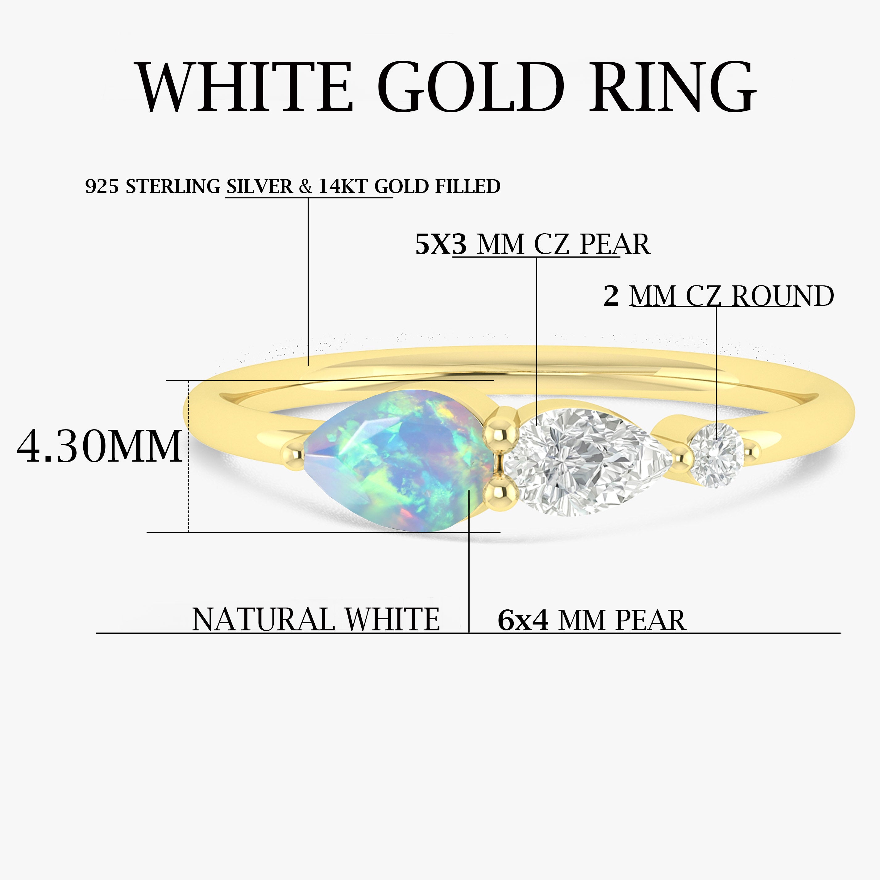 White Fire Opal Pear Three Stone Ring