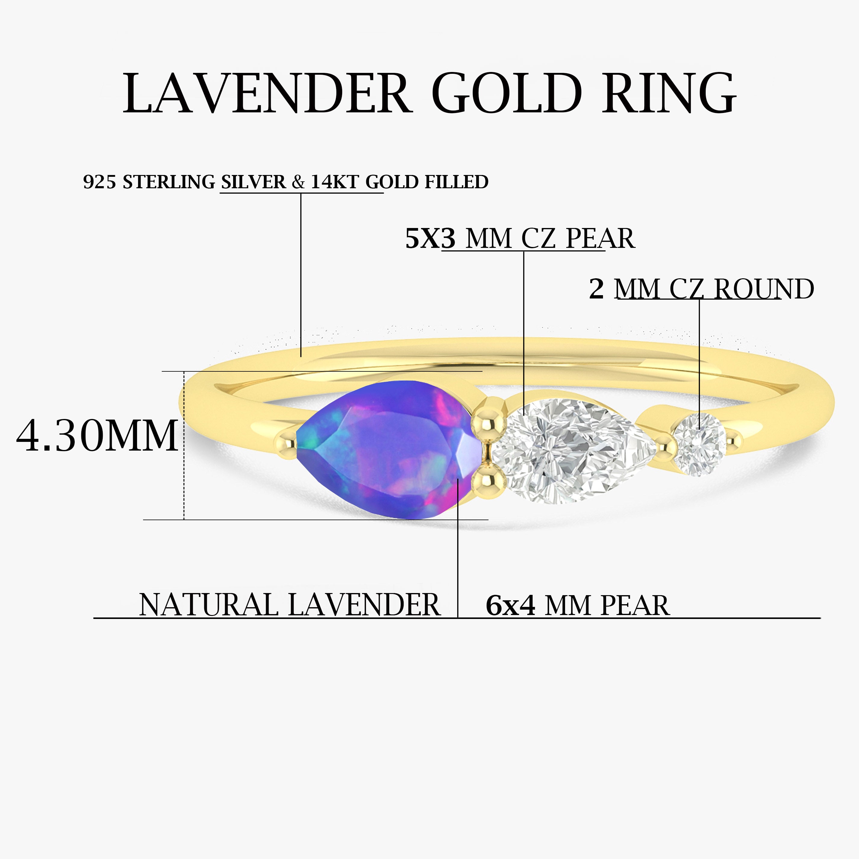 Lavender Fire Opal Pear Three Stone Ring