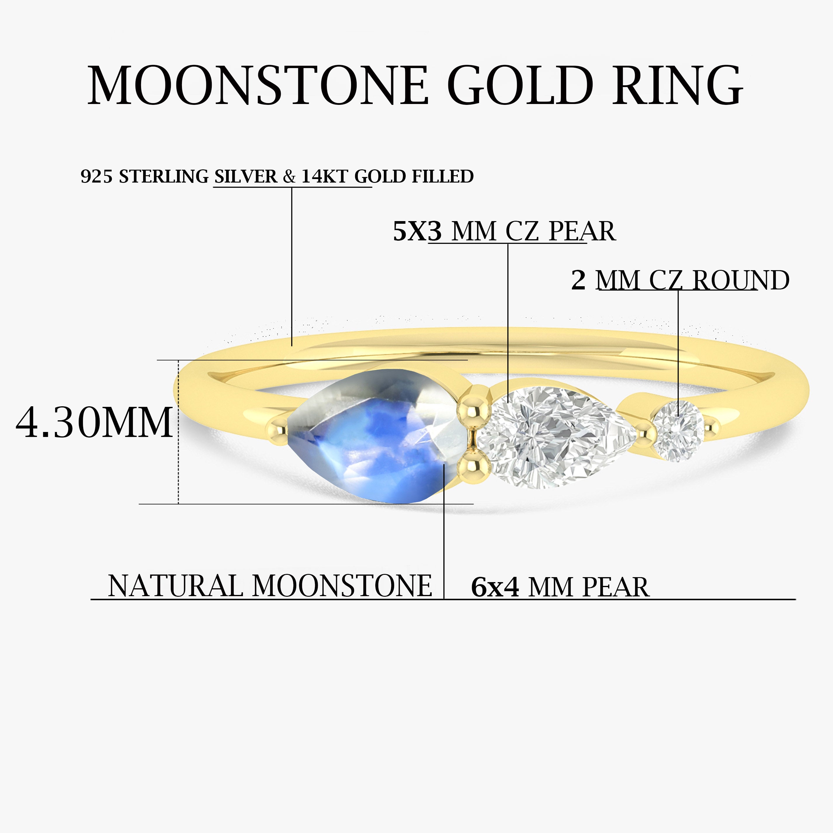 Rainbow Moonstone Pear Three Stone Ring