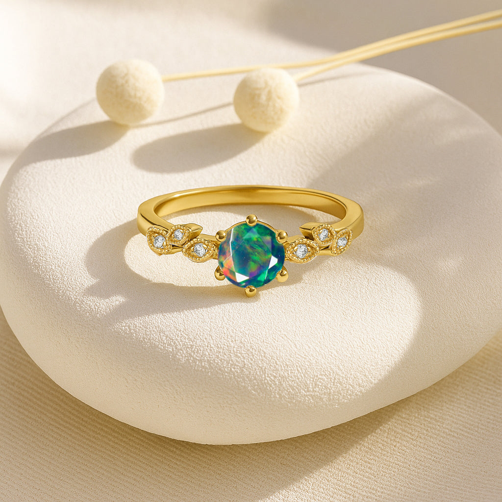 Fire Black Opal and Cubic Zirconia Engagement Classical Solitaire Ring