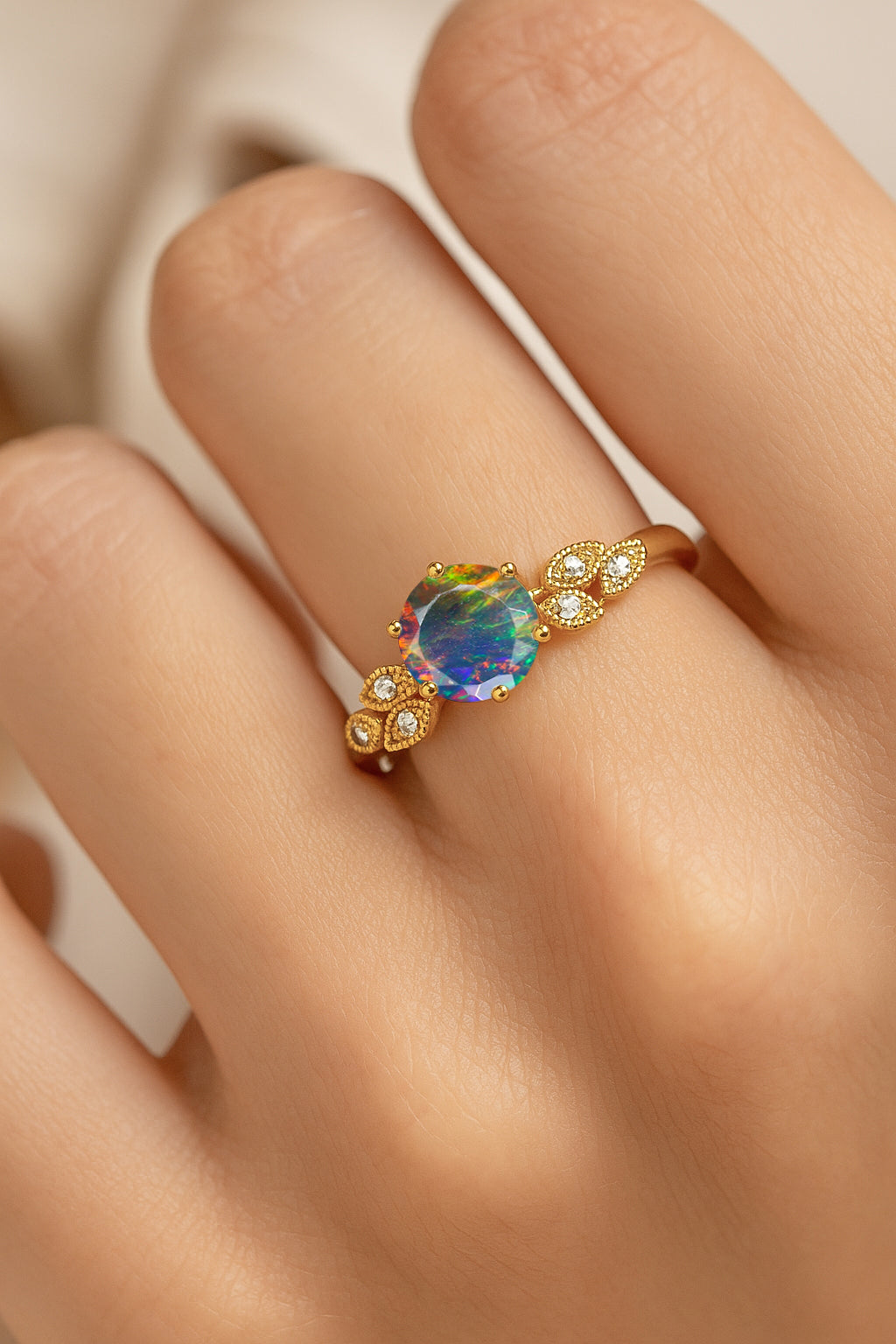Fire Black Opal and Cubic Zirconia Engagement Classical Solitaire Ring