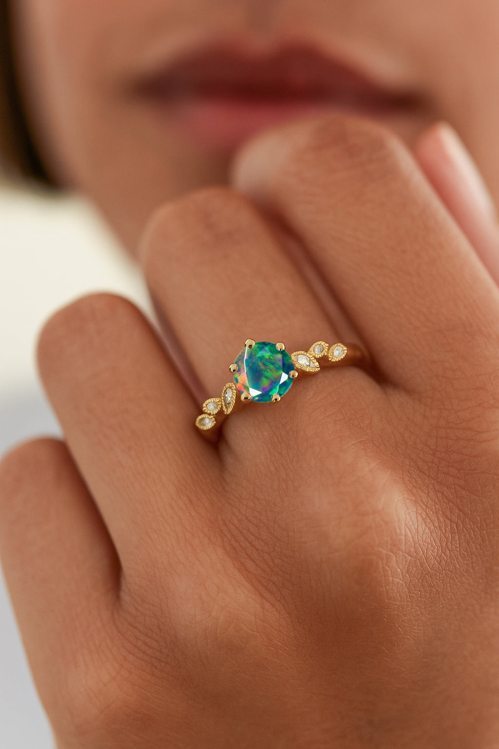 Fire Black Opal and Cubic Zirconia Engagement Classical Solitaire Ring