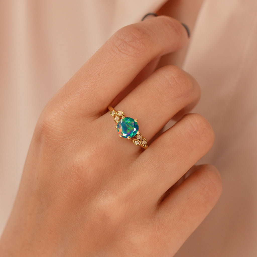Fire Black Opal and Cubic Zirconia Engagement Classical Solitaire Ring