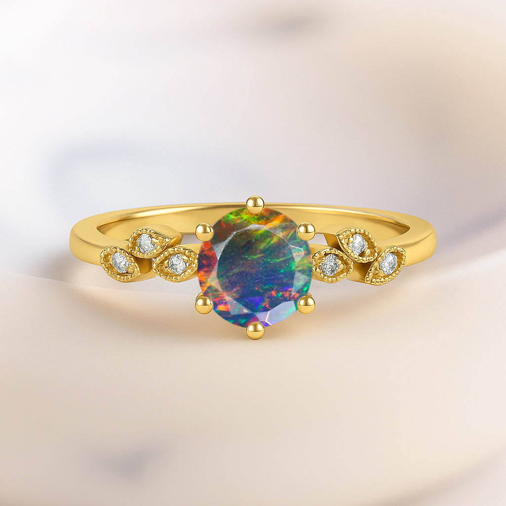 Fire Black Opal and Cubic Zirconia Engagement Classical Solitaire Ring