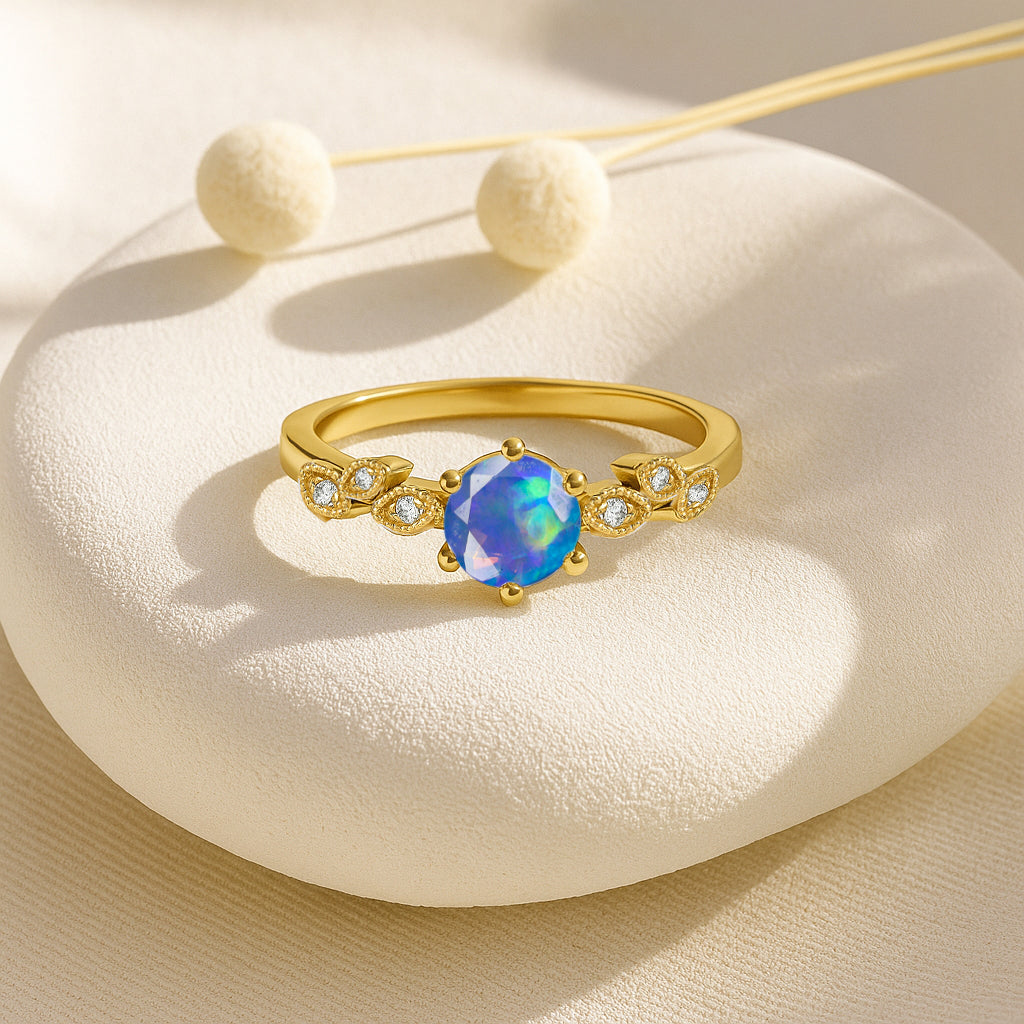 Fire Blue Opal and Cubic Zirconia Engagement Classical Solitaire Ring