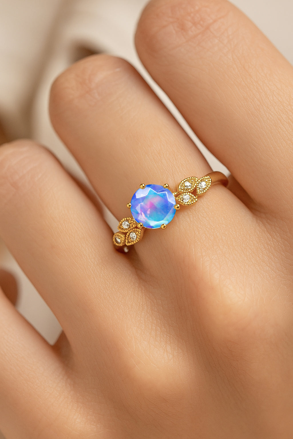 Fire Blue Opal and Cubic Zirconia Engagement Classical Solitaire Ring