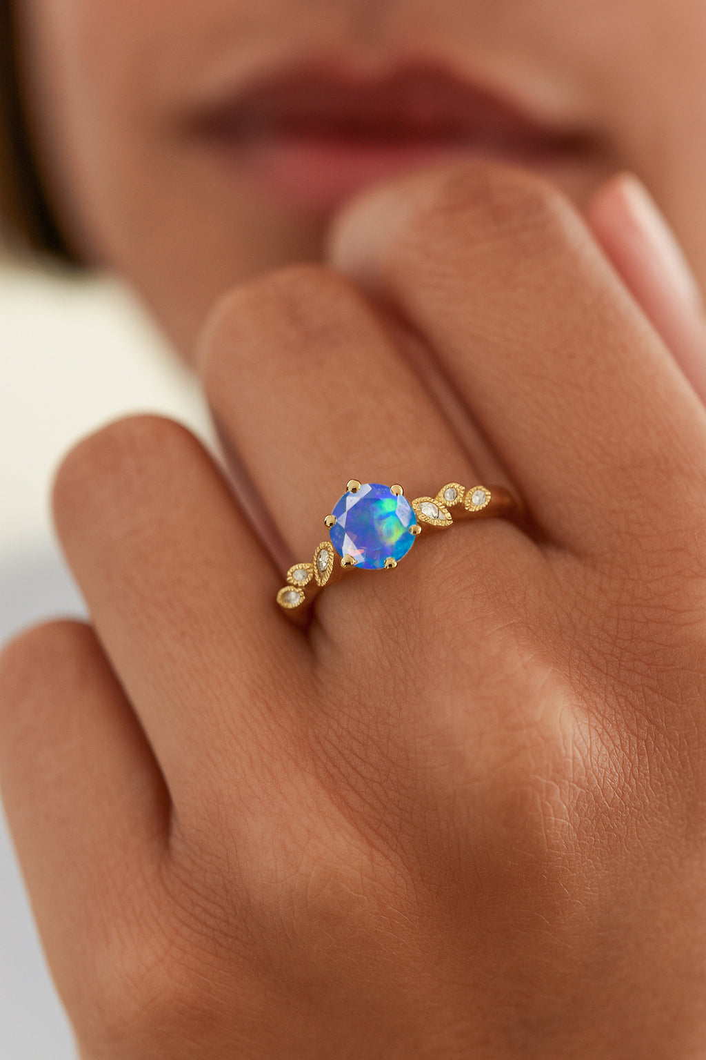 Fire Blue Opal and Cubic Zirconia Engagement Classical Solitaire Ring