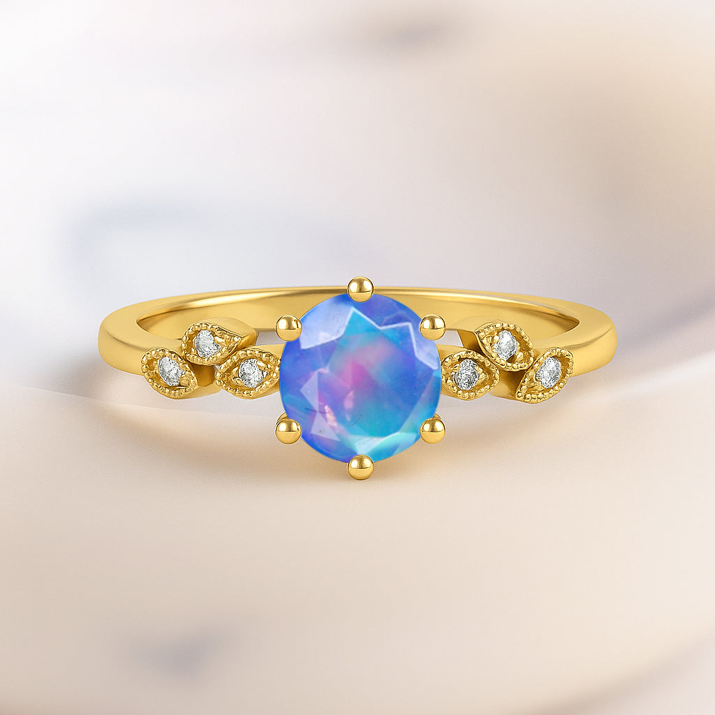 Fire Blue Opal and Cubic Zirconia Engagement Classical Solitaire Ring