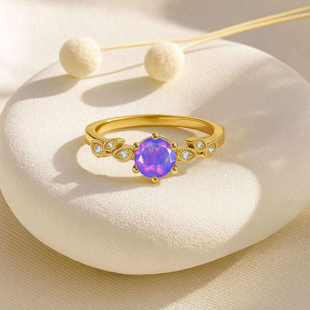 Fire Lavender Opal and Cubic Zirconia Engagement Classical Solitaire Ring