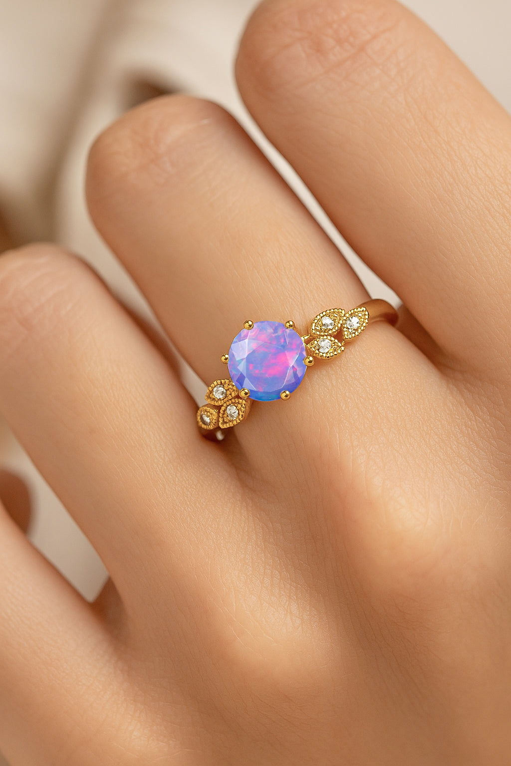 Fire Lavender Opal and Cubic Zirconia Engagement Classical Solitaire Ring