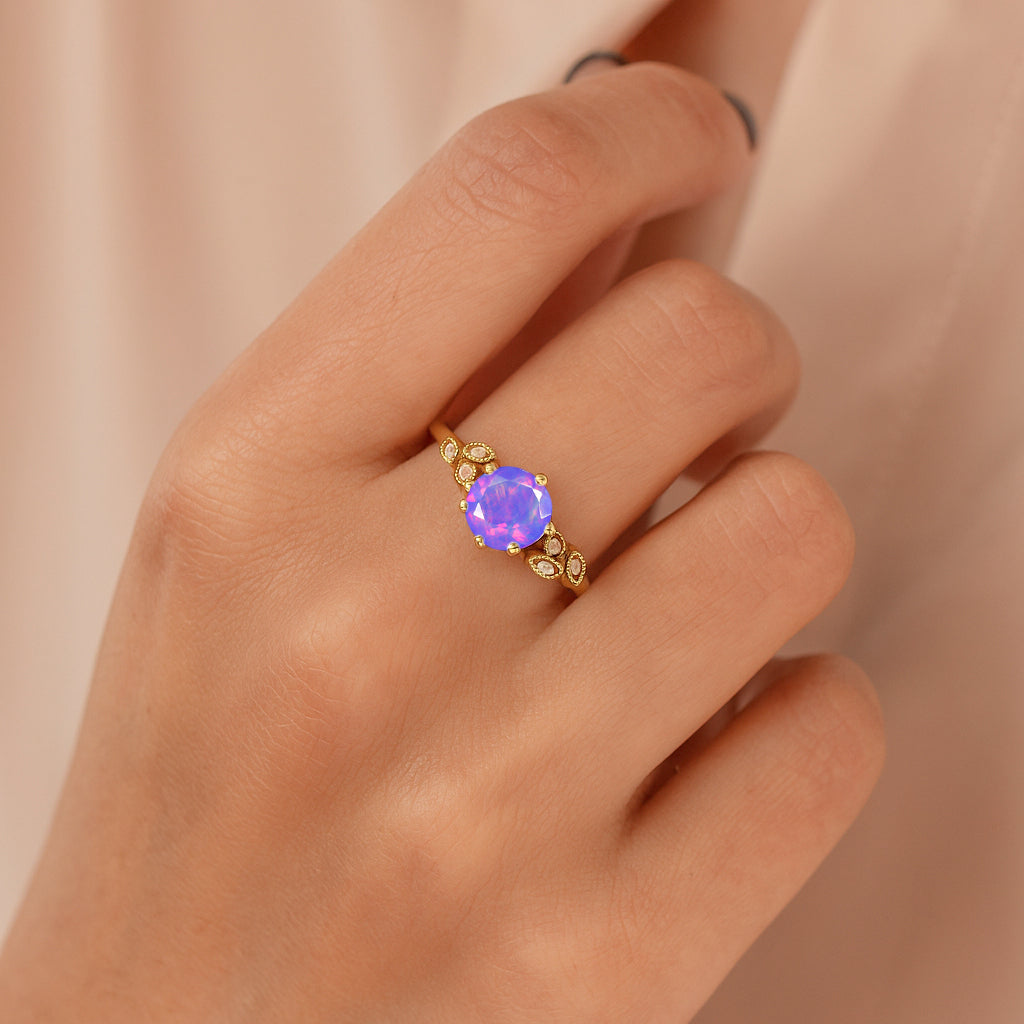 Fire Lavender Opal and Cubic Zirconia Engagement Classical Solitaire Ring