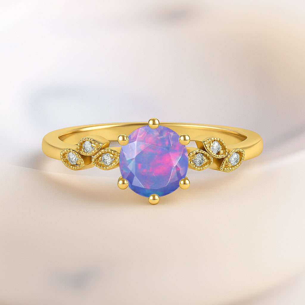 Fire Lavender Opal and Cubic Zirconia Engagement Classical Solitaire Ring