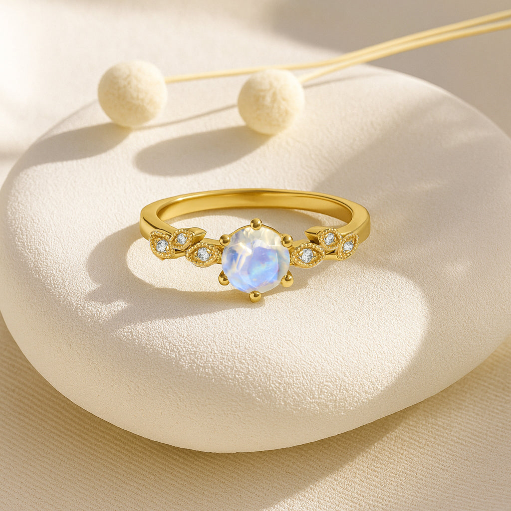 Moonstone and Cubic Zirconia Engagement Classical Solitaire Ring