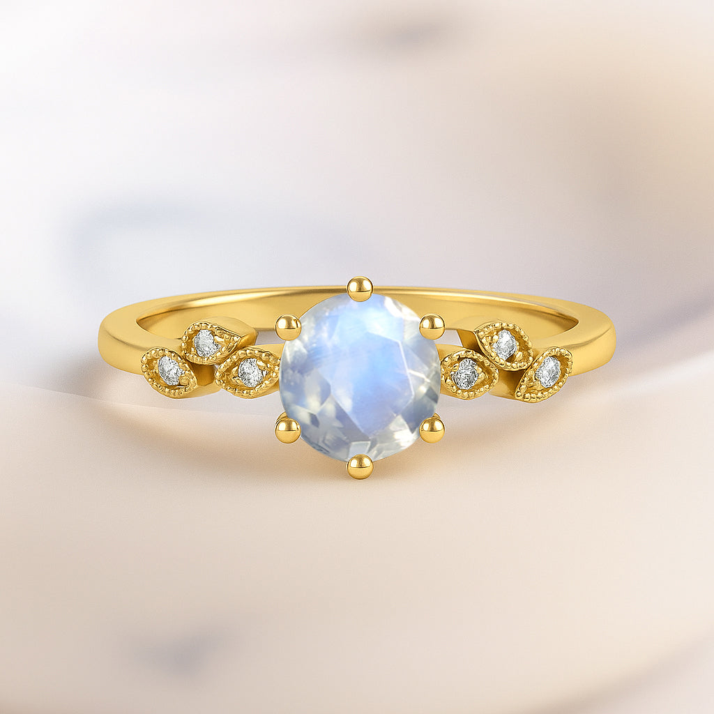 Moonstone and Cubic Zirconia Engagement Classical Solitaire Ring